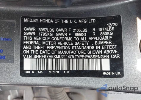 2021 Honda Civic Ex from USA, damaged, VIN SHHFK7H6XMU211475